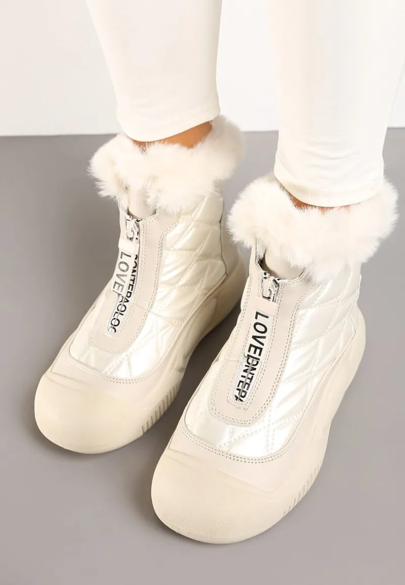 Beżowe Śniegowce Vices na Platformie z Pikowaną Cholewką i Futerkiem Gemitana