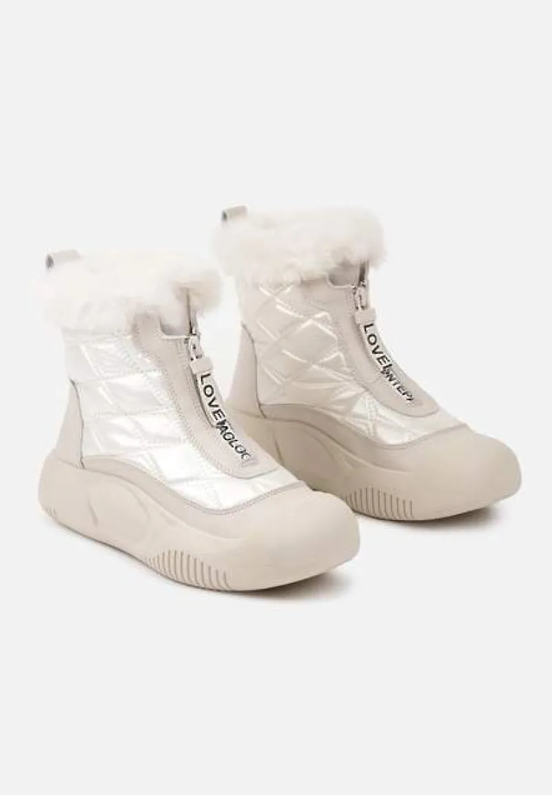 Beżowe Śniegowce Vices na Platformie z Pikowaną Cholewką i Futerkiem Gemitana