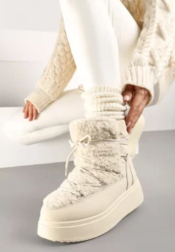 Beżowe Śniegowce Vices na Platformie ze Sznurowaniem i Futerkiem Nomicea