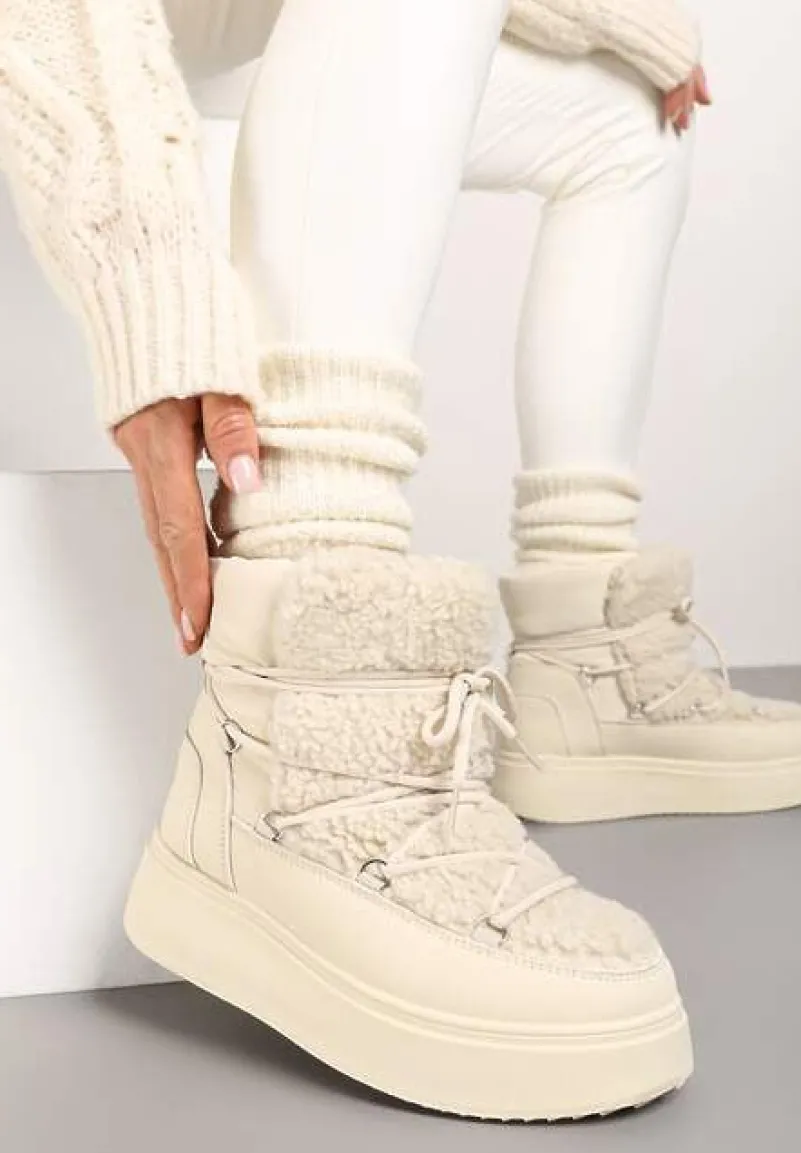 Beżowe Śniegowce Vices na Platformie ze Sznurowaniem i Futerkiem Nomicea
