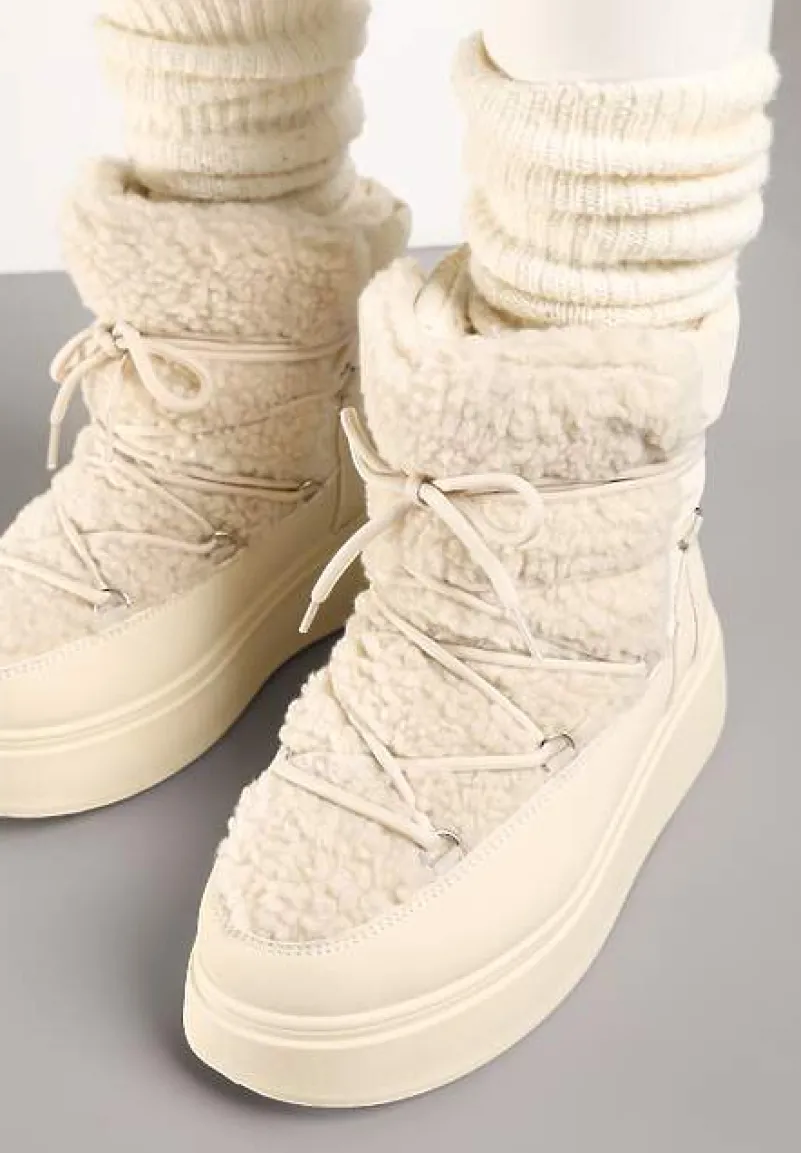 Beżowe Śniegowce Vices na Platformie ze Sznurowaniem i Futerkiem Nomicea