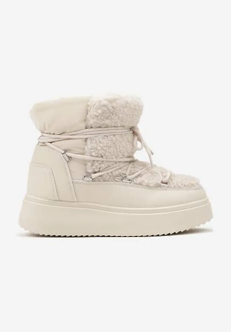 Beżowe Śniegowce Vices na Platformie ze Sznurowaniem i Futerkiem Nomicea