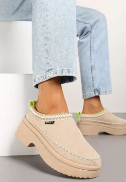 Beżowe Śniegowce Wsuwane z Krótką Cholewką i Niską Platformą Clorira