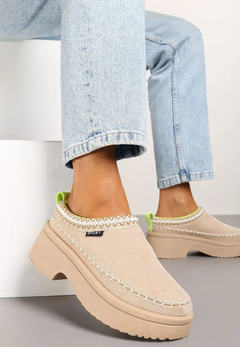 Beżowe Śniegowce Wsuwane z Krótką Cholewką i Niską Platformą Clorira