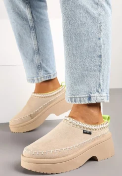 Beżowe Śniegowce Wsuwane z Krótką Cholewką i Niską Platformą Clorira