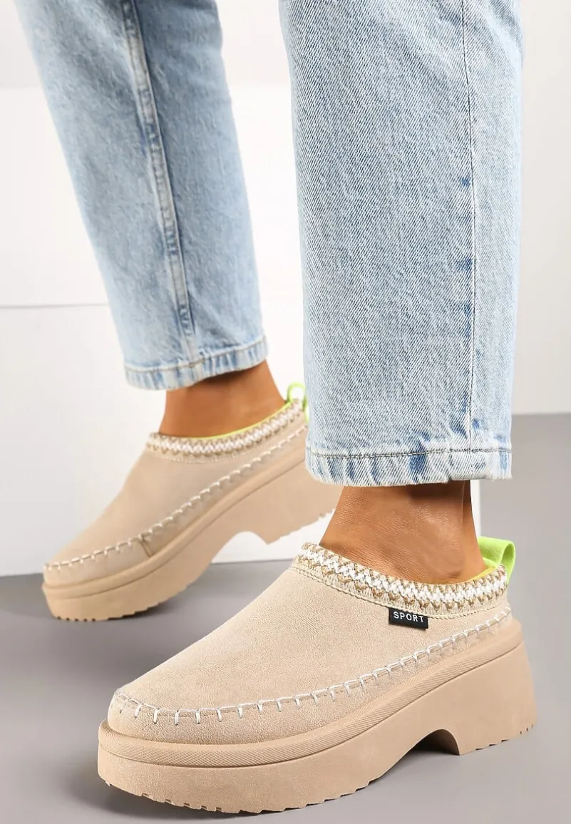 Beżowe Śniegowce Wsuwane z Krótką Cholewką i Niską Platformą Clorira