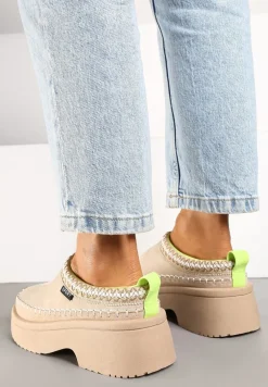 Beżowe Śniegowce Wsuwane z Krótką Cholewką i Niską Platformą Clorira