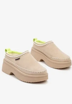 Beżowe Śniegowce Wsuwane z Krótką Cholewką i Niską Platformą Clorira
