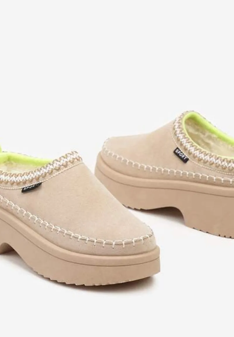 Beżowe Śniegowce Wsuwane z Krótką Cholewką i Niską Platformą Clorira