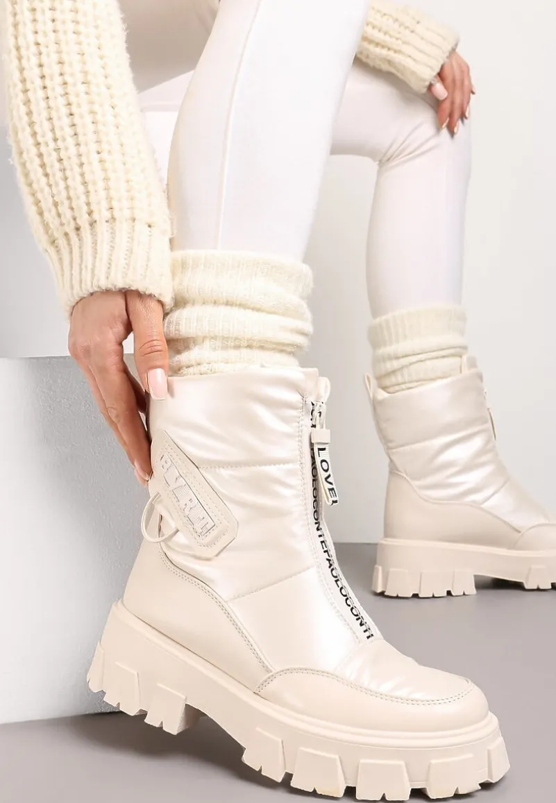 Beżowe Śniegowce z Ekoskóry z Ozdobnym Suwakiem i Napisem Veneria