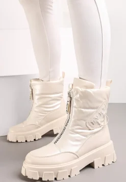 Beżowe Śniegowce z Ekoskóry z Ozdobnym Suwakiem i Napisem Veneria