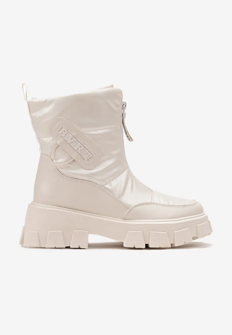 Beżowe Śniegowce z Ekoskóry z Ozdobnym Suwakiem i Napisem Veneria