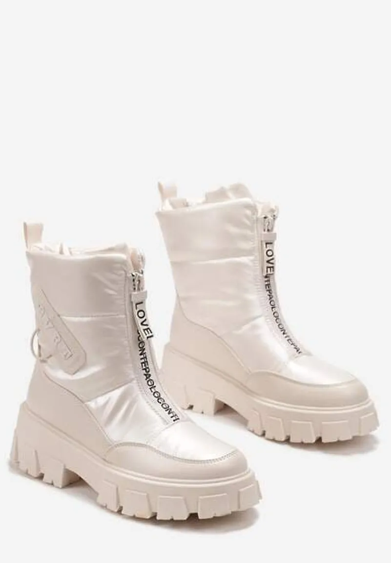 Beżowe Śniegowce z Ekoskóry z Ozdobnym Suwakiem i Napisem Veneria