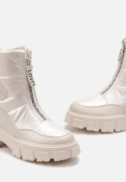 Beżowe Śniegowce z Ekoskóry z Ozdobnym Suwakiem i Napisem Veneria