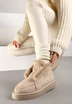 Beżowe Śniegowce z Ekozamszu na Platformie Ozdobione Futerkiem Vairina