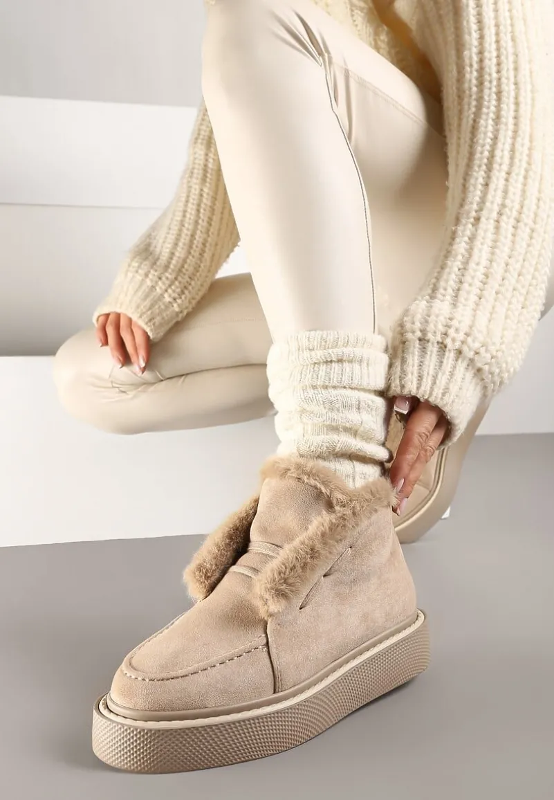 Beżowe Śniegowce z Ekozamszu na Platformie Ozdobione Futerkiem Vairina