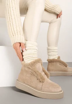 Beżowe Śniegowce z Ekozamszu na Platformie Ozdobione Futerkiem Vairina