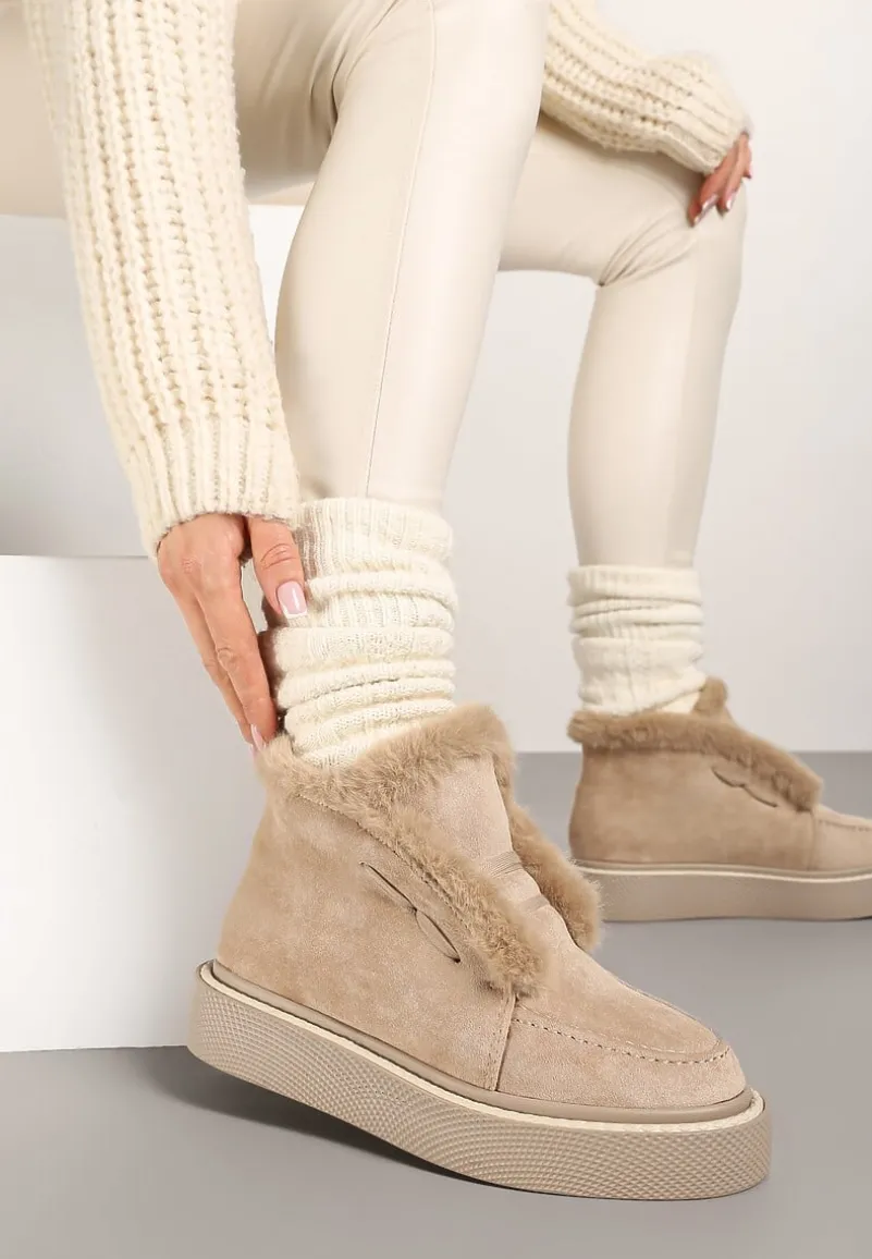 Beżowe Śniegowce z Ekozamszu na Platformie Ozdobione Futerkiem Vairina