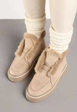 Beżowe Śniegowce z Ekozamszu na Platformie Ozdobione Futerkiem Vairina