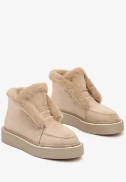 Beżowe Śniegowce z Ekozamszu na Platformie Ozdobione Futerkiem Vairina