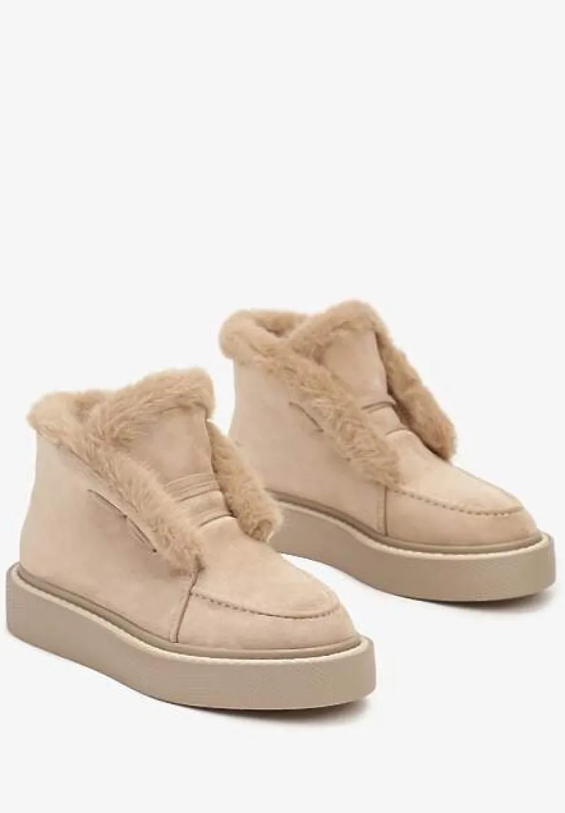 Beżowe Śniegowce z Ekozamszu na Platformie Ozdobione Futerkiem Vairina