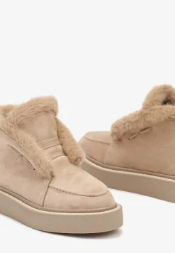 Beżowe Śniegowce z Ekozamszu na Platformie Ozdobione Futerkiem Vairina