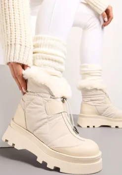 Beżowe Śniegowce z Futerkiem na Grubej Podeszwie ze Ściągaczem Azelma