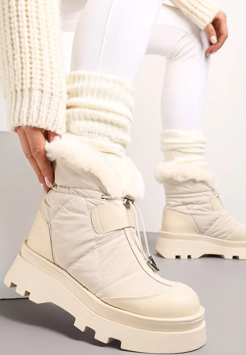 Beżowe Śniegowce z Futerkiem na Grubej Podeszwie ze Ściągaczem Azelma