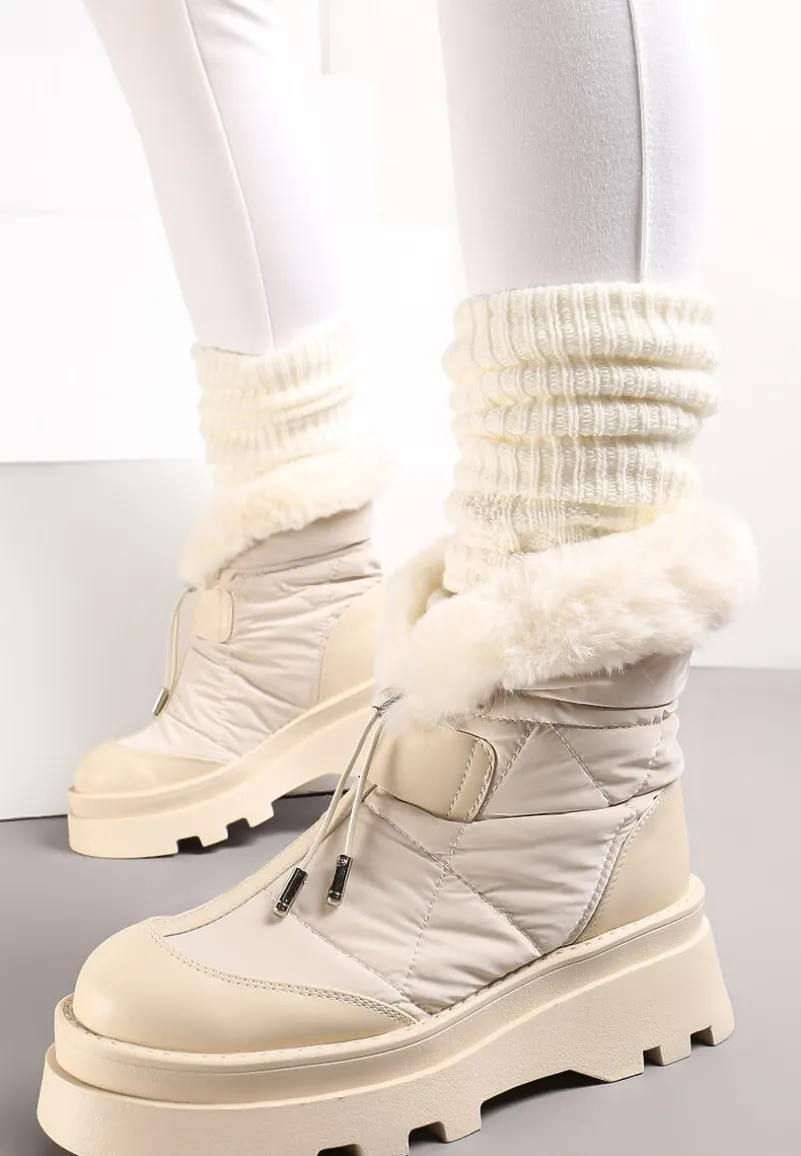Beżowe Śniegowce z Futerkiem na Grubej Podeszwie ze Ściągaczem Azelma