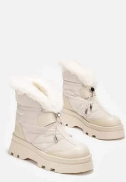 Beżowe Śniegowce z Futerkiem na Grubej Podeszwie ze Ściągaczem Azelma