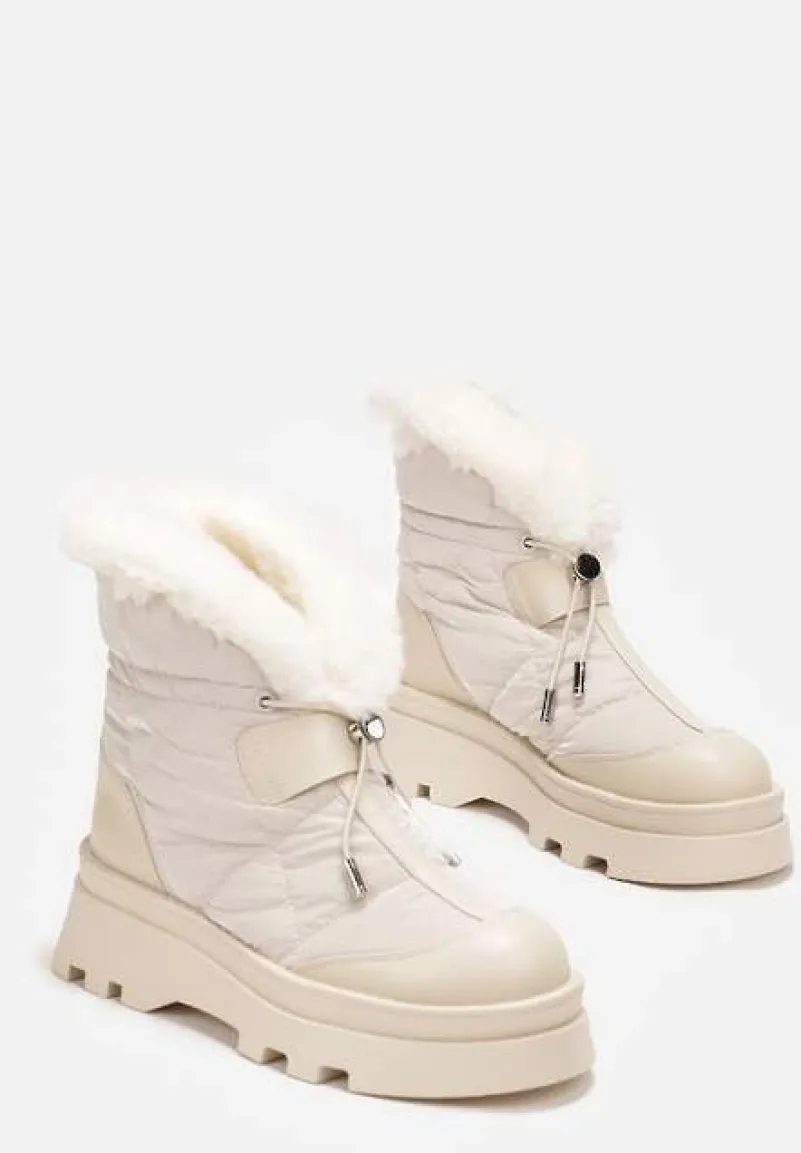 Beżowe Śniegowce z Futerkiem na Grubej Podeszwie ze Ściągaczem Azelma