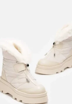 Beżowe Śniegowce z Futerkiem na Grubej Podeszwie ze Ściągaczem Azelma