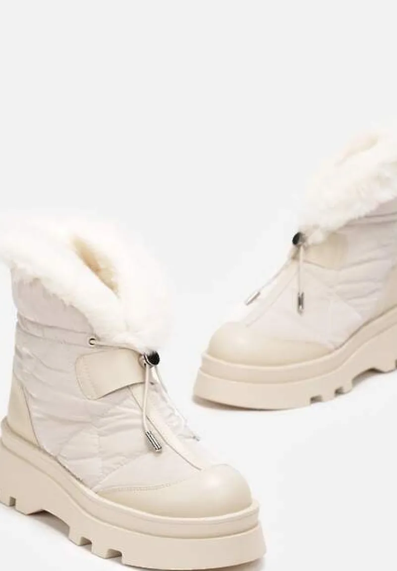 Beżowe Śniegowce z Futerkiem na Grubej Podeszwie ze Ściągaczem Azelma