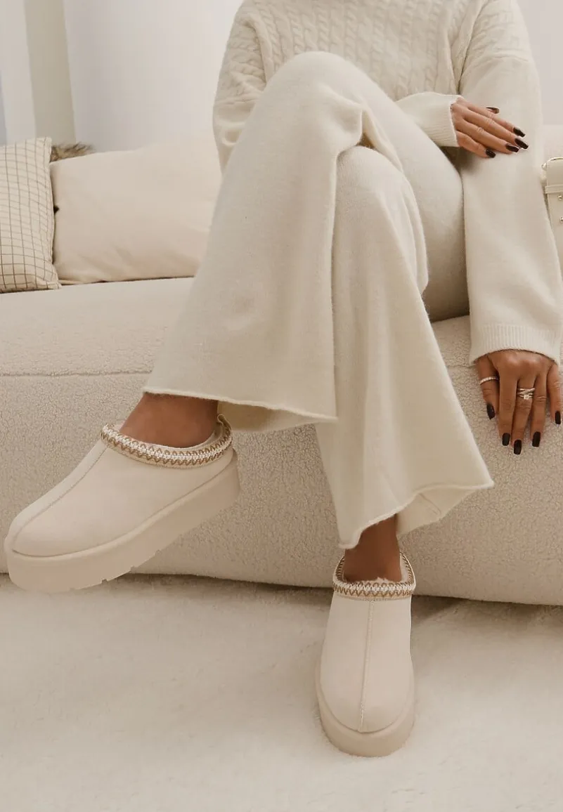 Beżowe Śniegowce z Haftowanym Paseczkiem na Platformie Iridalia