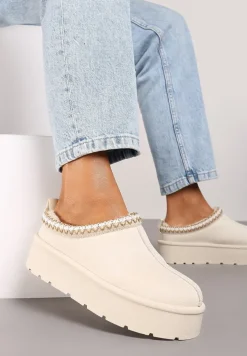 Beżowe Śniegowce z Haftowanym Paseczkiem na Platformie Iridalia