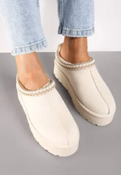 Beżowe Śniegowce z Haftowanym Paseczkiem na Platformie Iridalia