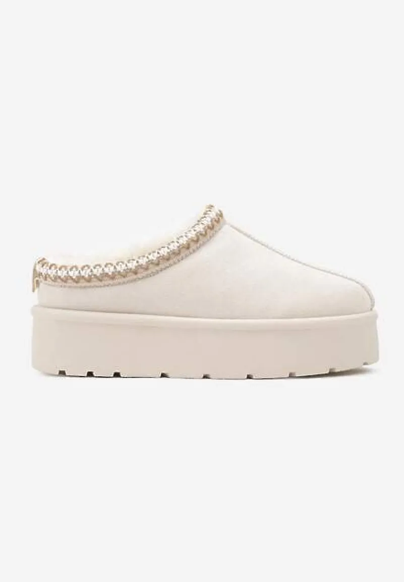 Beżowe Śniegowce z Haftowanym Paseczkiem na Platformie Iridalia