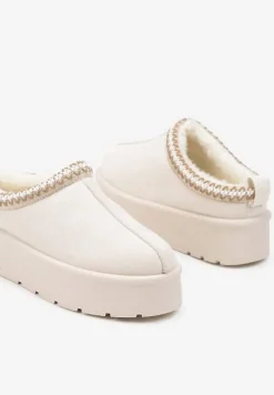 Beżowe Śniegowce z Haftowanym Paseczkiem na Platformie Iridalia