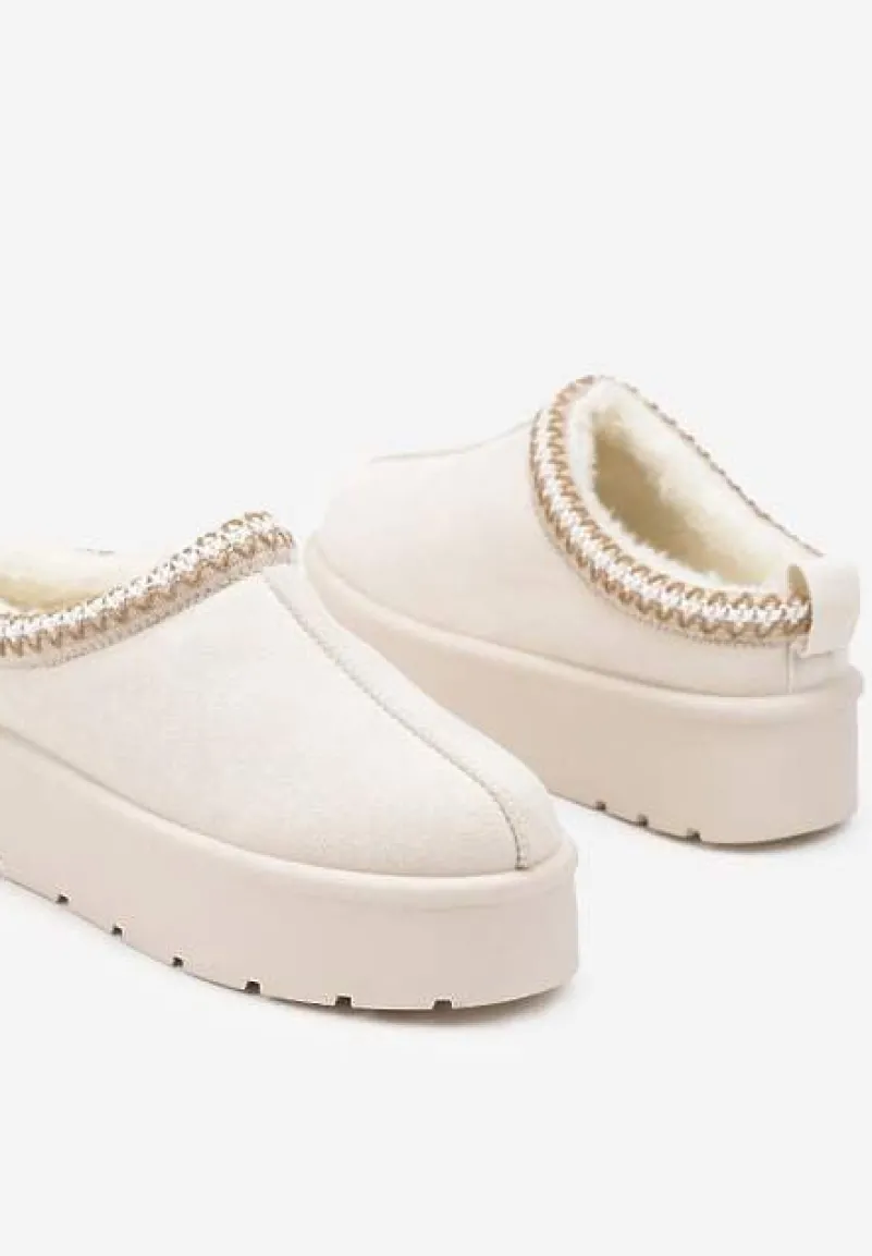 Beżowe Śniegowce z Haftowanym Paseczkiem na Platformie Iridalia