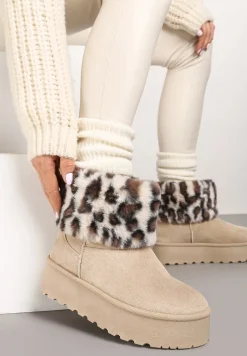 Beżowe Śniegowce z Imitacji Zamszu na Platformie z Futrzaną Cholewką w Panterkowy Wzór Reanithra