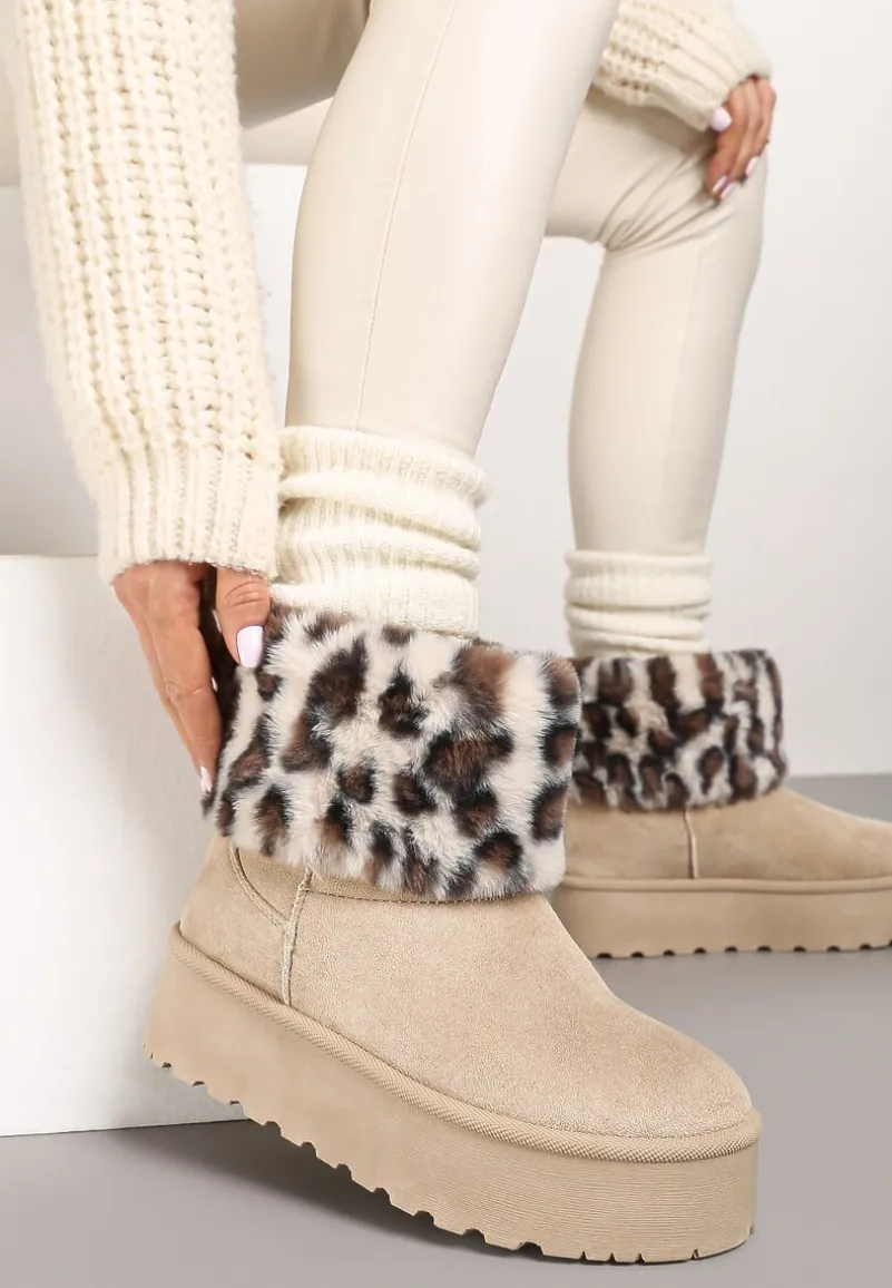 Beżowe Śniegowce z Imitacji Zamszu na Platformie z Futrzaną Cholewką w Panterkowy Wzór Reanithra