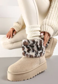 Beżowe Śniegowce z Imitacji Zamszu na Platformie z Futrzaną Cholewką w Panterkowy Wzór Reanithra