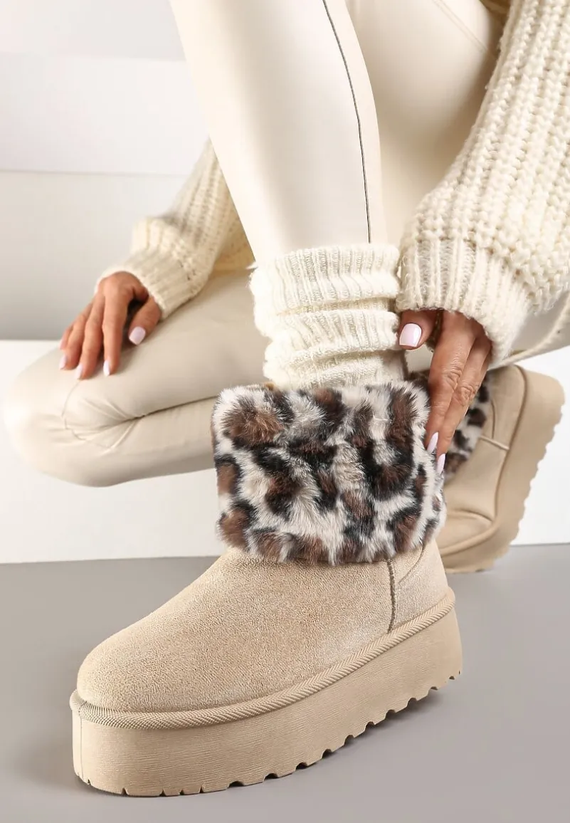 Beżowe Śniegowce z Imitacji Zamszu na Platformie z Futrzaną Cholewką w Panterkowy Wzór Reanithra