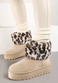 Beżowe Śniegowce z Imitacji Zamszu na Platformie z Futrzaną Cholewką w Panterkowy Wzór Reanithra