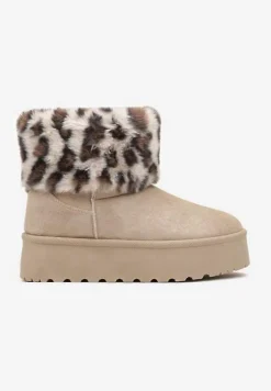 Beżowe Śniegowce z Imitacji Zamszu na Platformie z Futrzaną Cholewką w Panterkowy Wzór Reanithra