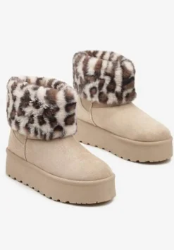 Beżowe Śniegowce z Imitacji Zamszu na Platformie z Futrzaną Cholewką w Panterkowy Wzór Reanithra