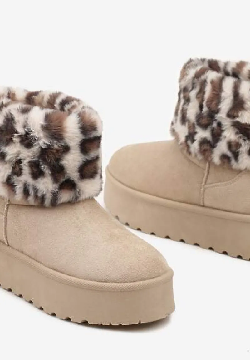 Beżowe Śniegowce z Imitacji Zamszu na Platformie z Futrzaną Cholewką w Panterkowy Wzór Reanithra