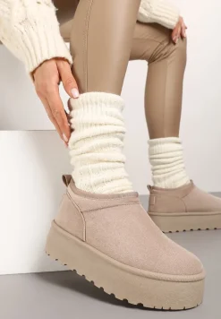 Beżowe Śniegowce z Krótką Cholewką na Grubej Podeszwie Werilie