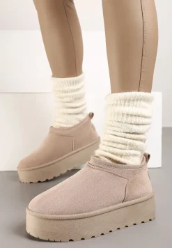 Beżowe Śniegowce z Krótką Cholewką na Grubej Podeszwie Werilie