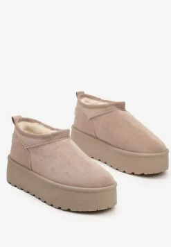 Beżowe Śniegowce z Krótką Cholewką na Grubej Podeszwie Werilie